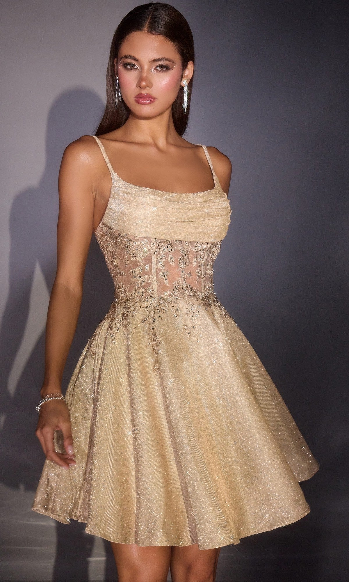 A woman in the Ladivine KV1152 short homecoming dress, featuring a sleeveless champagne fit and flare design with sheer paneling, intricate embroidery, and floral lace applique, stands against a dark background.